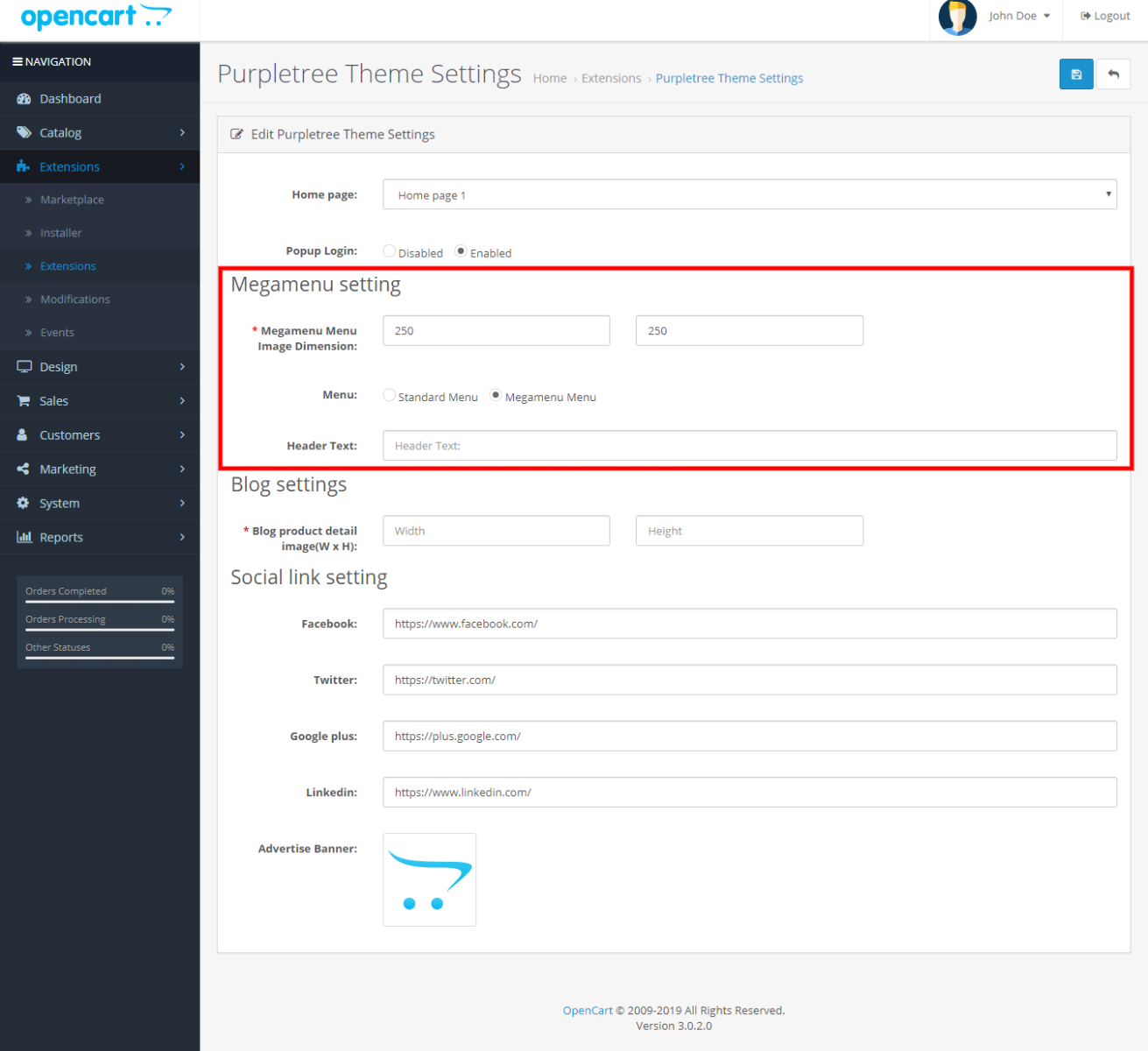 There after click on edit button. You will reach on amazing theme setting page. Here you can select menu type like Standard menu or Megamenu menu and set Megamenu image Dimension. You can also set Header text for Megamenu . After that you can click on save button. 3 megamenu