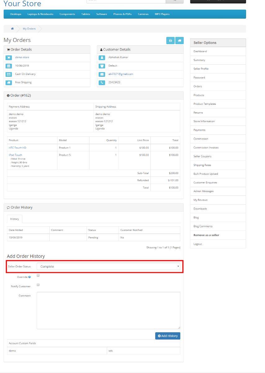 How admin manage order status of seller products?