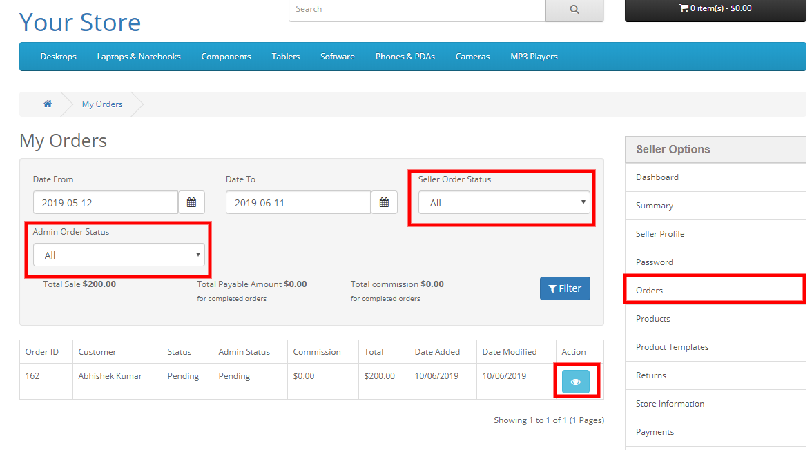 How admin manage order status of seller products?