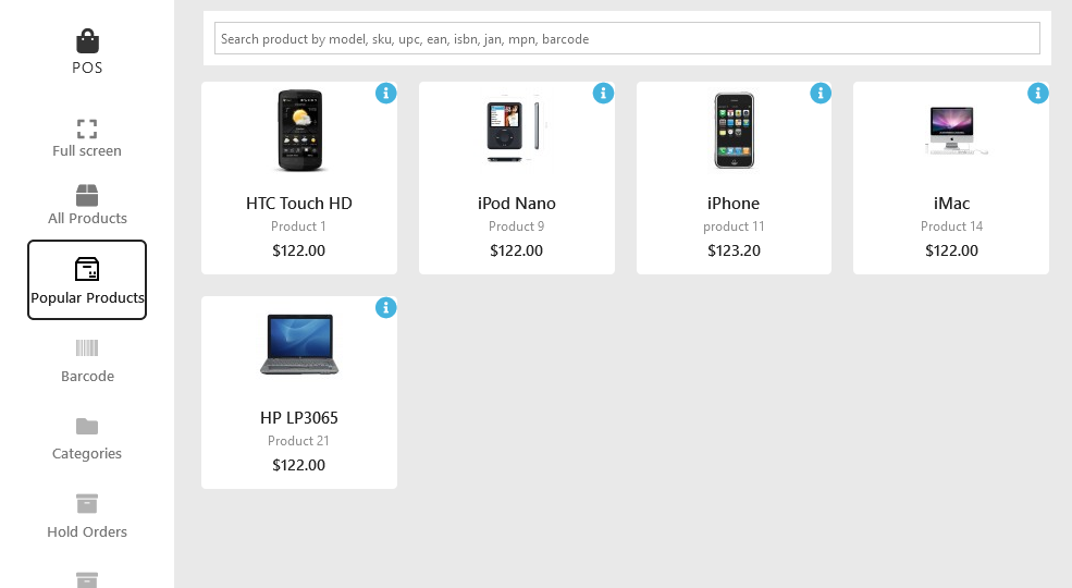 Browse the Popular Products option in Point of Sale for Opencart

