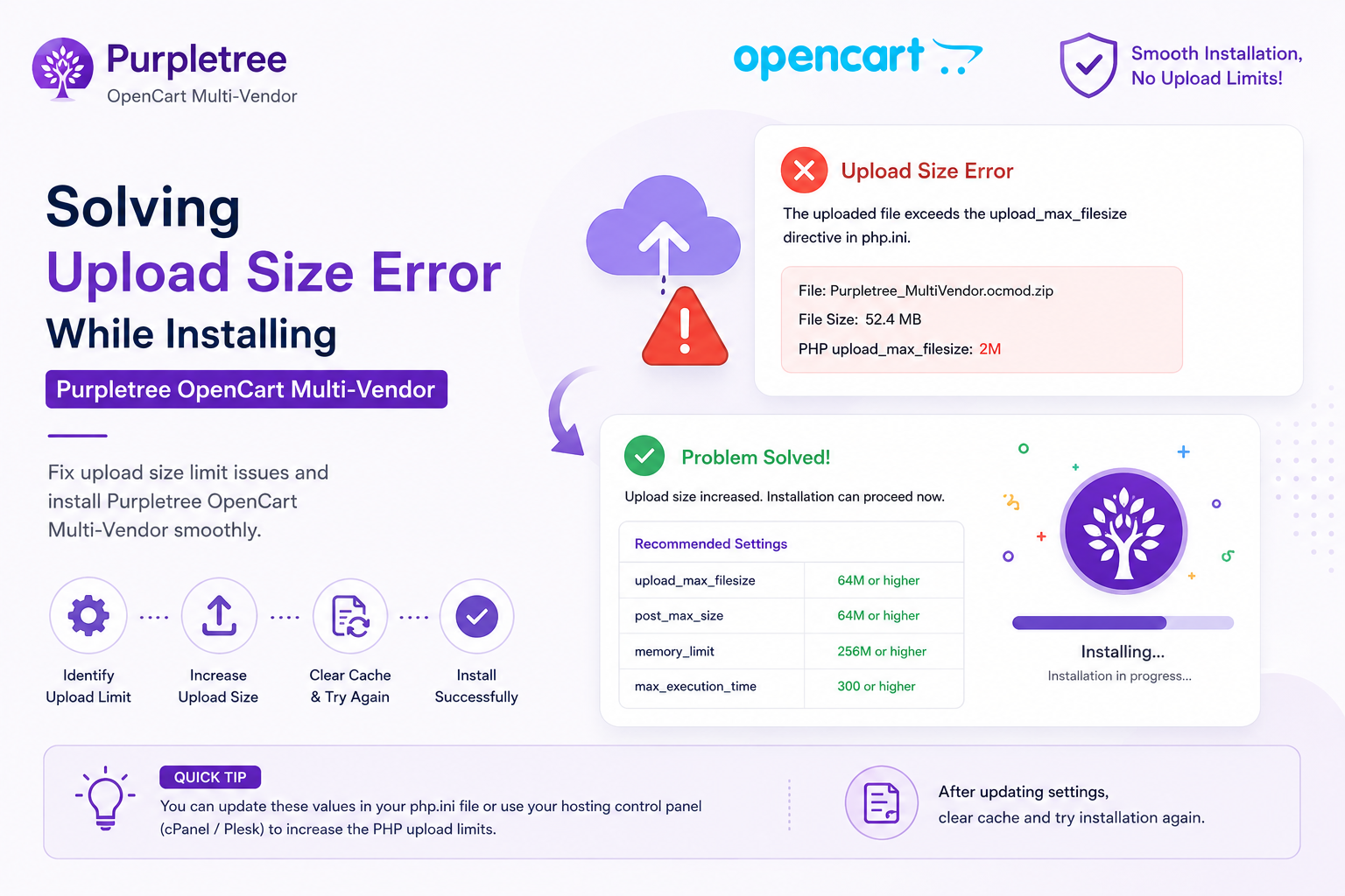 Solving Upload Size Error While Installing Purpletree OpenCart Multi-Vendor