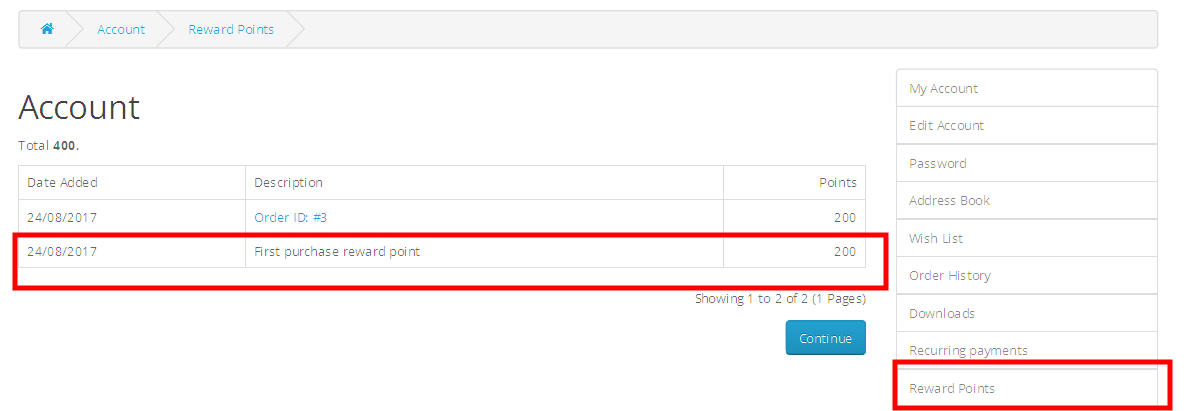 reward points on order customer dashboard view