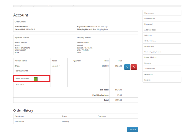 customer order page